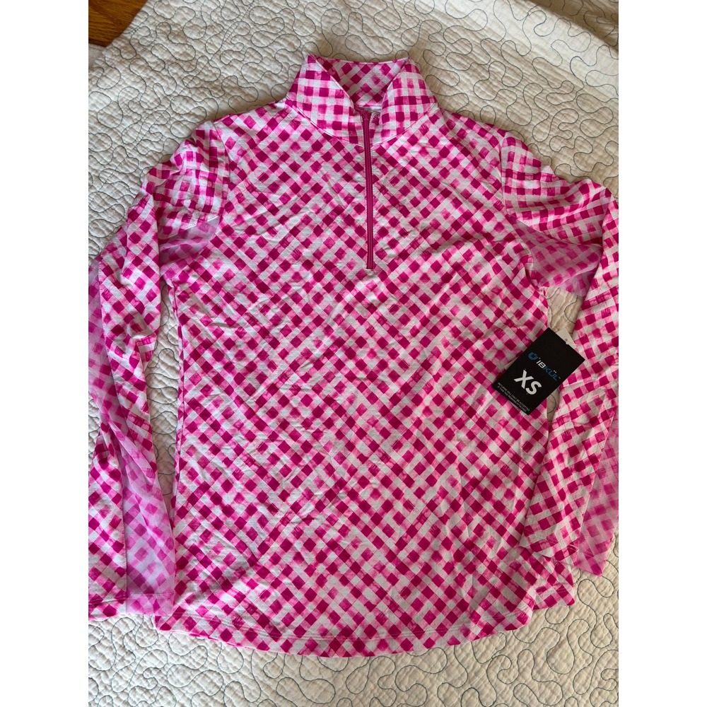 IBKÜL Womens XS Long Sleeve Zip Mock Neck Gingham IceFil UPF 50 Hot Pink
